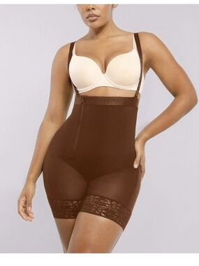 High-Waist Brown Lace-Trim Shapewear Shorts with Removable Straps Size Large